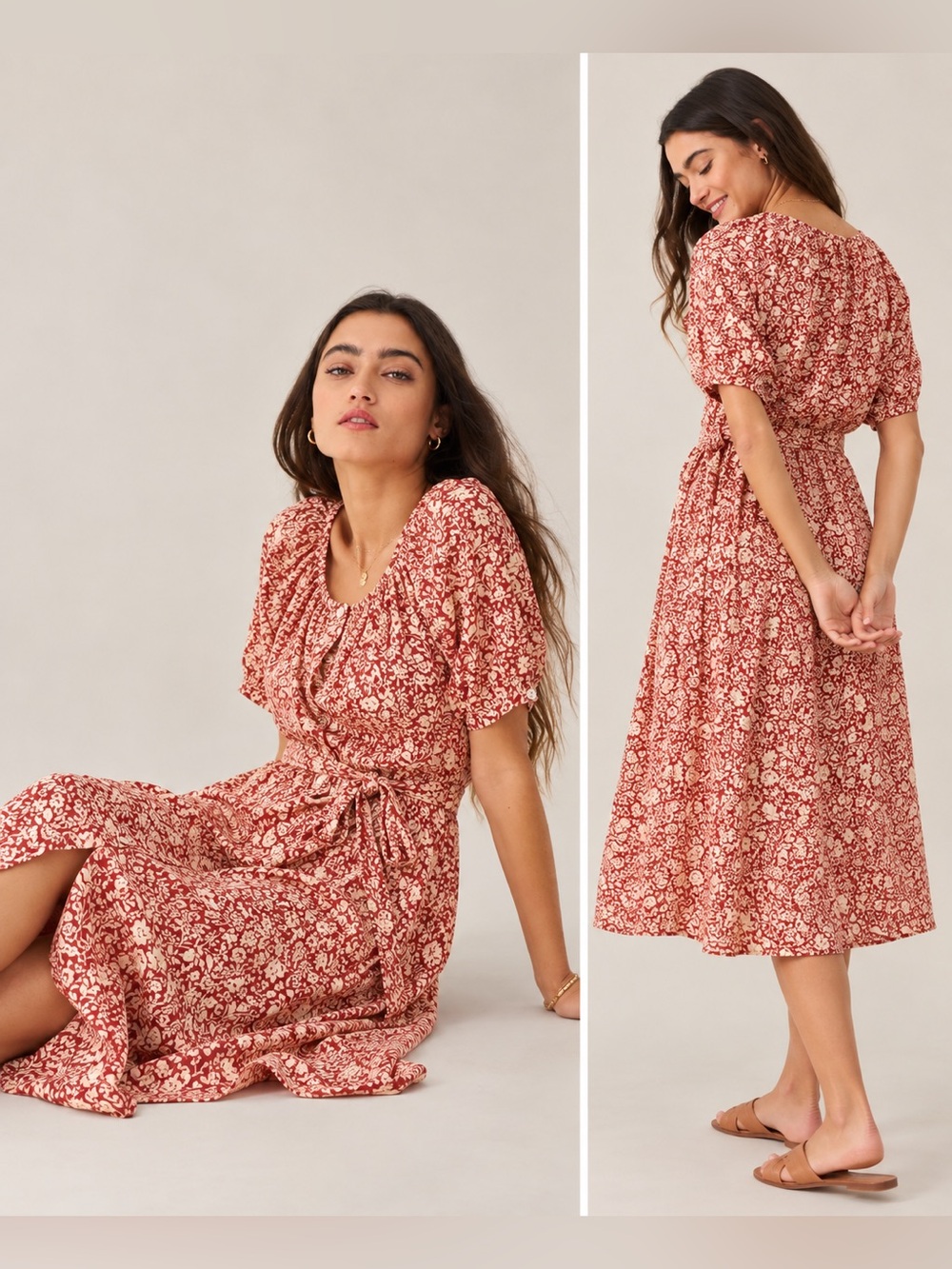 Faherty Carmel Spice Sunrise Floral Organic Cotton Midi Dress Size L